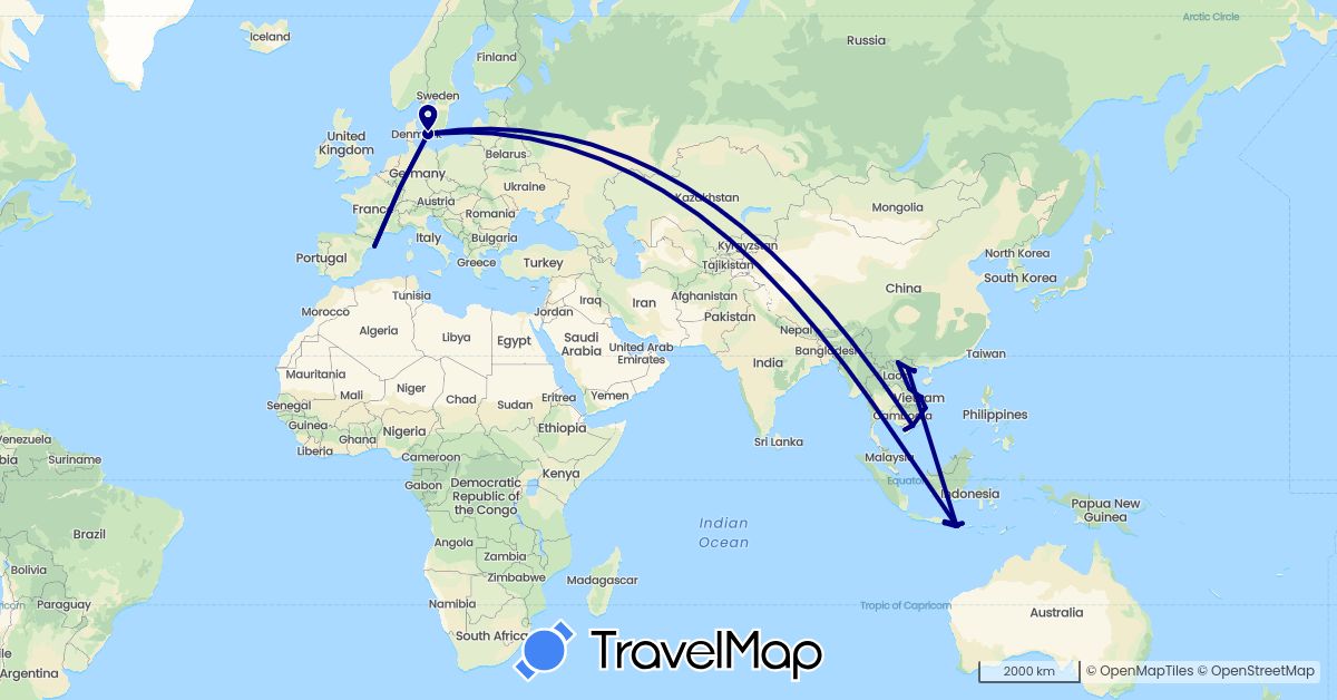 TravelMap itinerary: driving in Denmark, Spain, Indonesia, Vietnam (Asia, Europe)