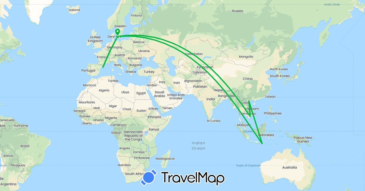 TravelMap itinerary: driving, bus in Denmark, Spain, Indonesia, Vietnam (Asia, Europe)